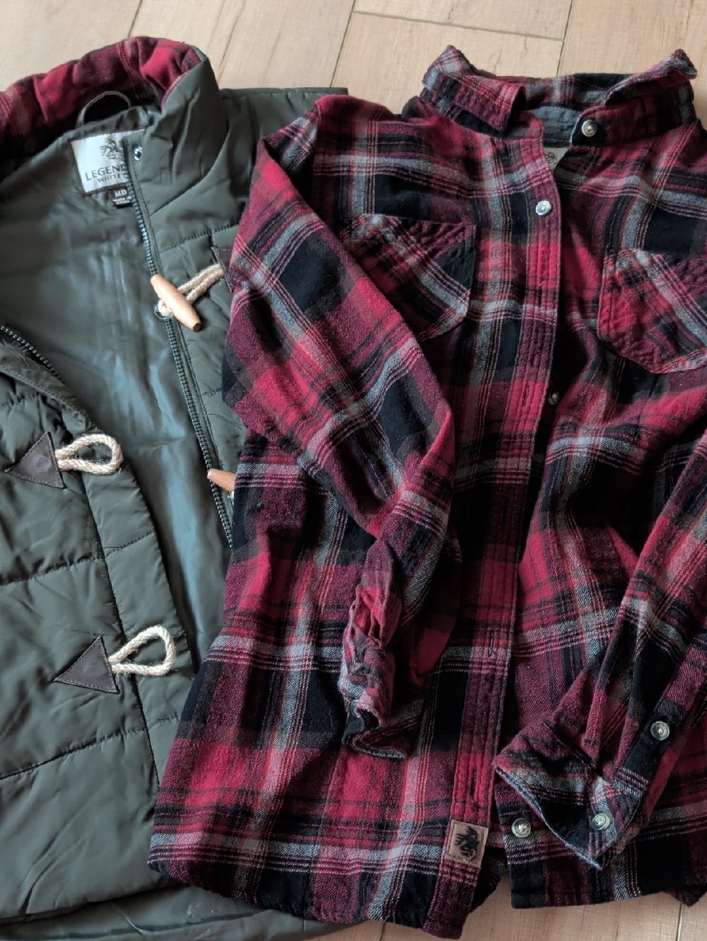 Olive Puffer Vest & Red Plaid Shirt Layering Set